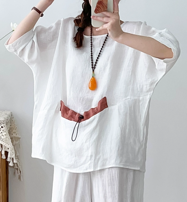 Drawstring Straps Summer Women Linen Tops 2707