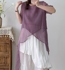 Summer Irregular Short Sleeve Shirts, Stylish Linen tops,9505