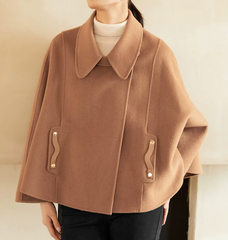 A-Line Cloak Waist Belt Wool Cape Coat Jacket Buttons 3623