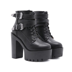 Gothic Double Strap Buckles Lace Up Platform Boots