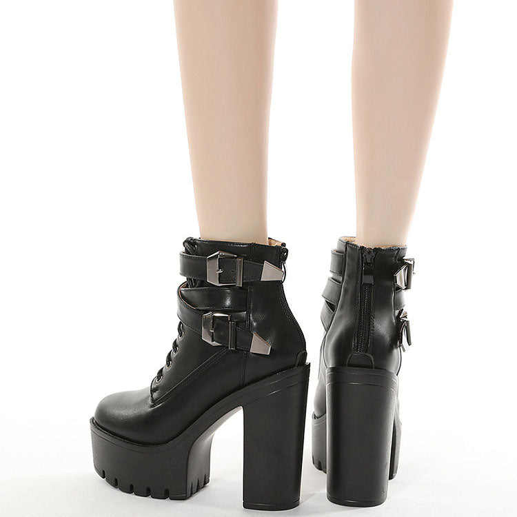 Gothic Double Strap Buckles Lace Up Platform Boots