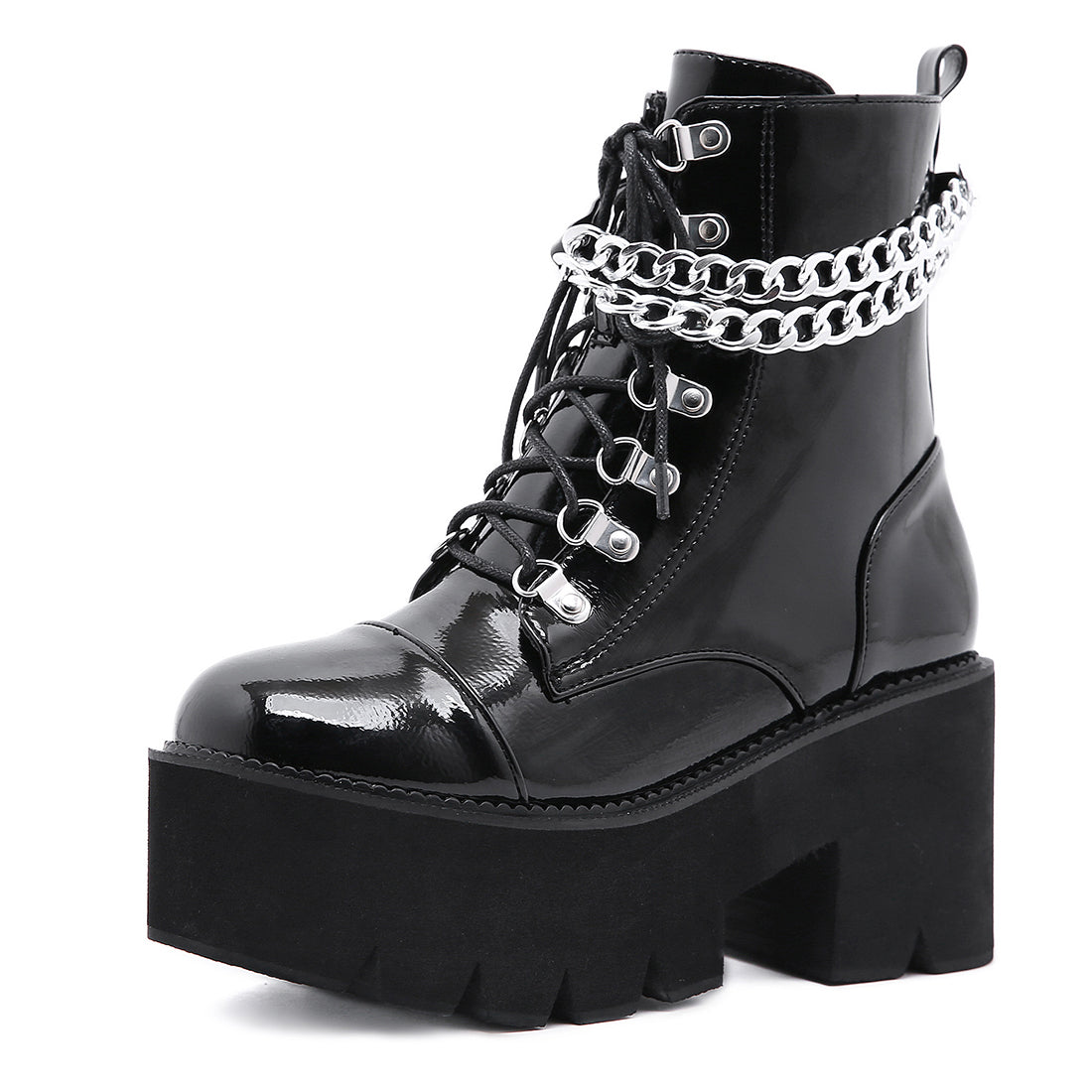 Gothic Lackleder Wrap Around Ketten Plateaustiefel