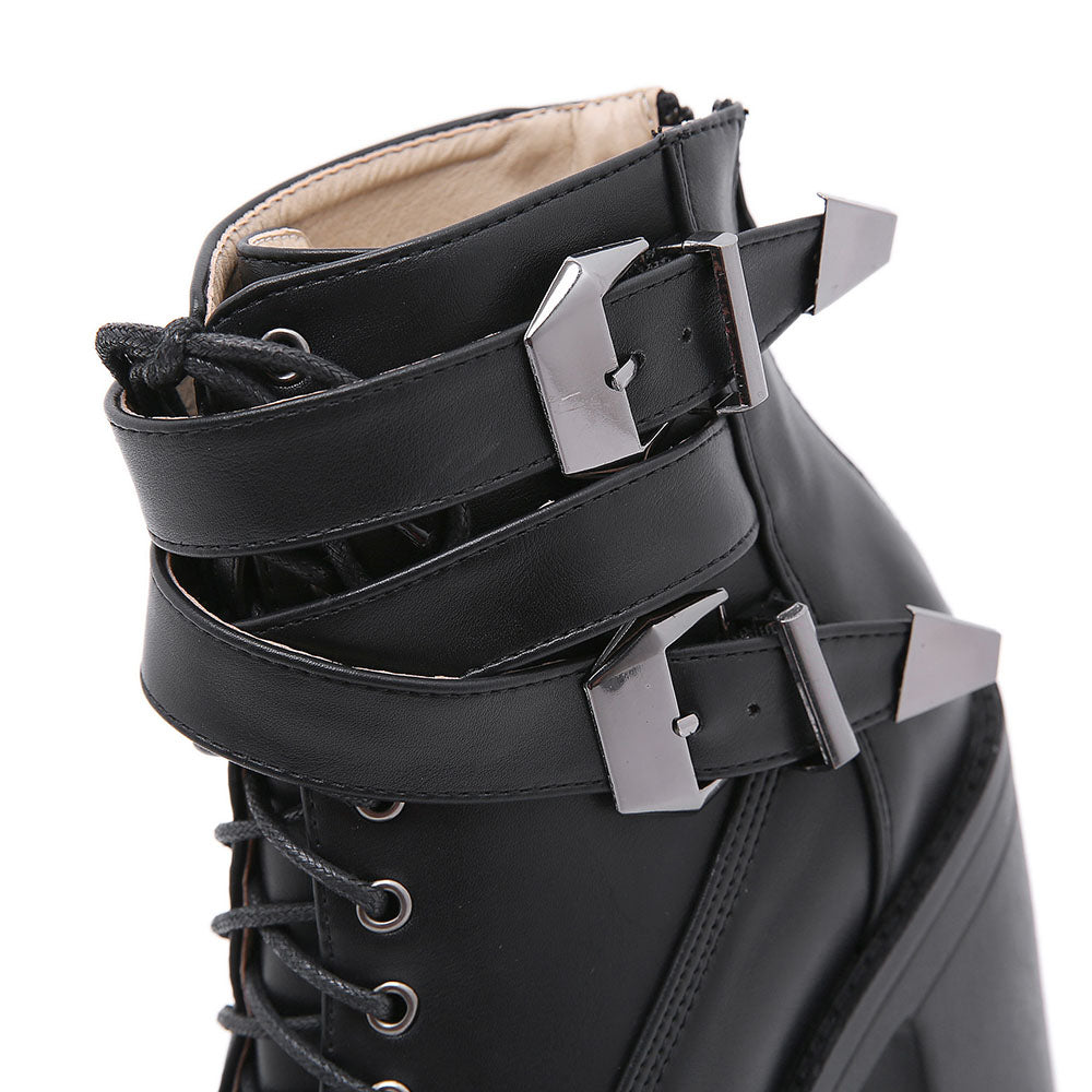 Gothic Double Strap Buckles Lace Up Platform Boots