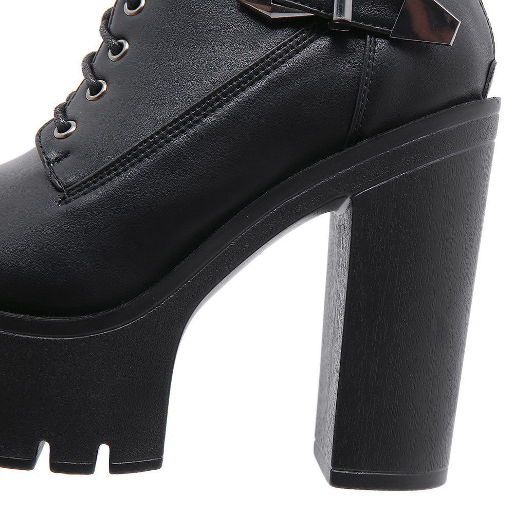 Gothic Double Strap Buckles Lace Up Platform Boots