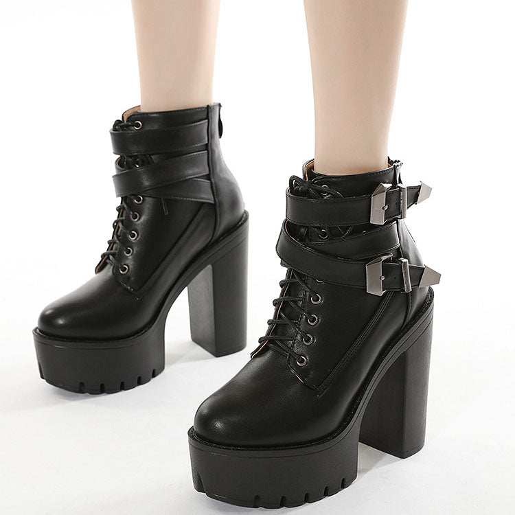 Gothic Double Strap Buckles Lace Up Platform Boots