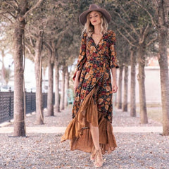 Dress long sleeve printed vintage maxi dress