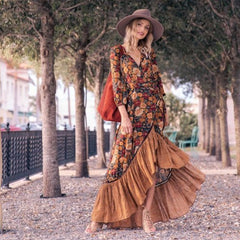 Dress long sleeve printed vintage maxi dress