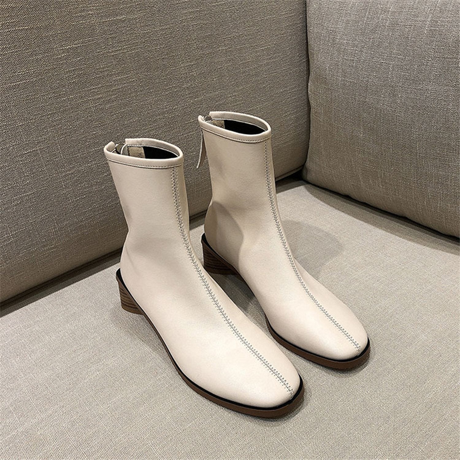 Womens Square Thick Leather Zipper Mid-calf Boots