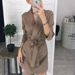 Women's solid color suit collar belt temperament short dress