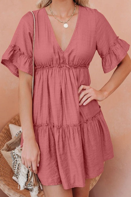 Women's pastoral leisure ruffled stitching dress