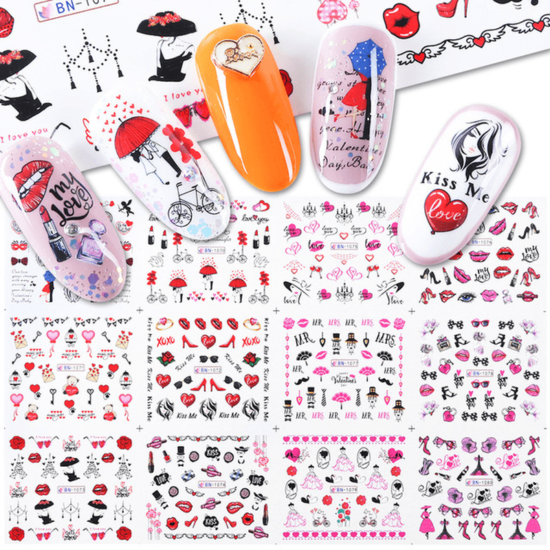 12 Pcs Nail Art Stickers Love Letter Flower Sliders Nail Art Decoration Valentine'S Day Transfer Stickers