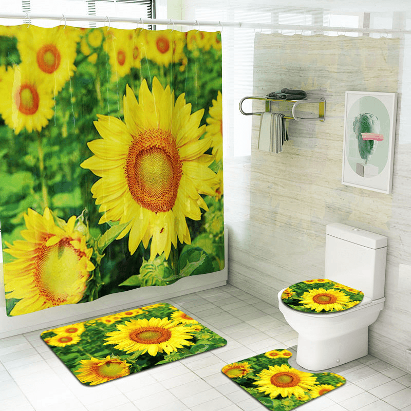 4PCS Non Slip Sunflower Pattern Toilet Polyester Cover Mat Set Waterproof Bathroom Shower Curtains