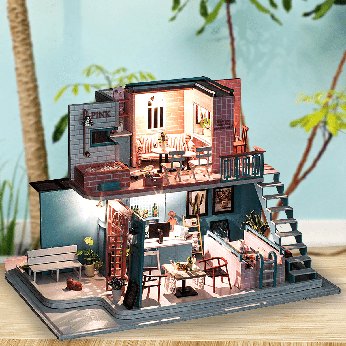 Handmade 3D Wooden Miniatures Doll House Pink Cafe Dollhouse Furniture Diy Miniature Toys for Girls Birthday Gifts