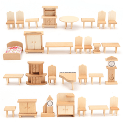 New 29 Pcs 1:24 Scale Dollhouse Miniature Unpainted Wooden Furniture Model Suite