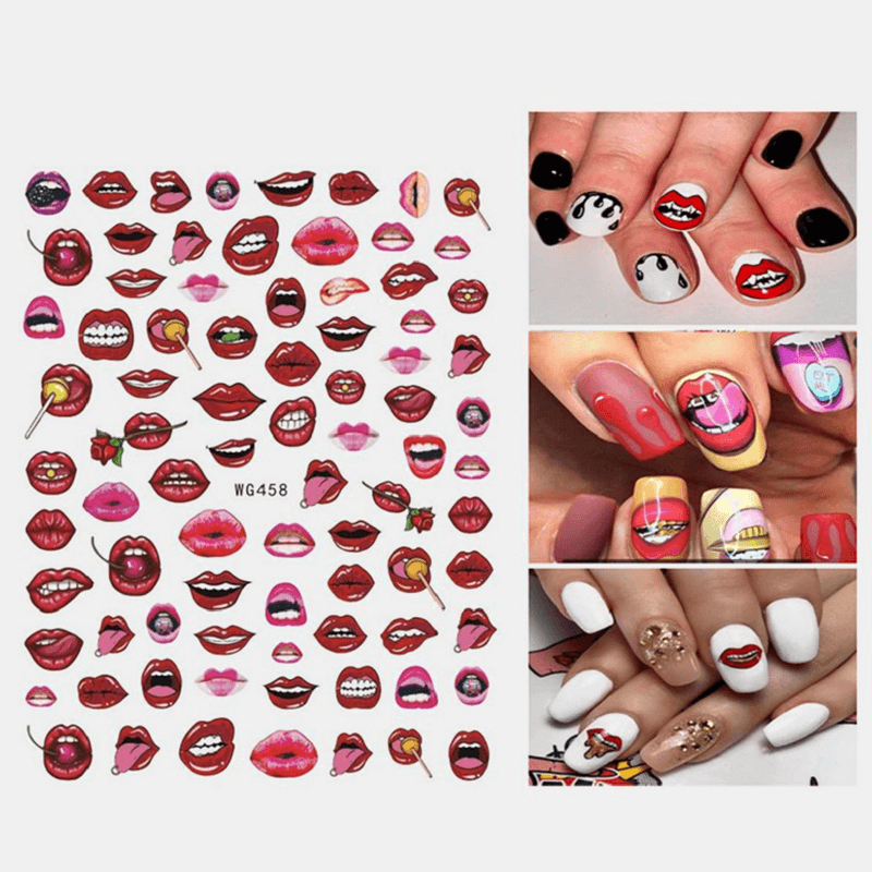 3D Nail Art Stickers Heart Colorful Red Lip Nail Transfer Decals Valentine'S Day Tips