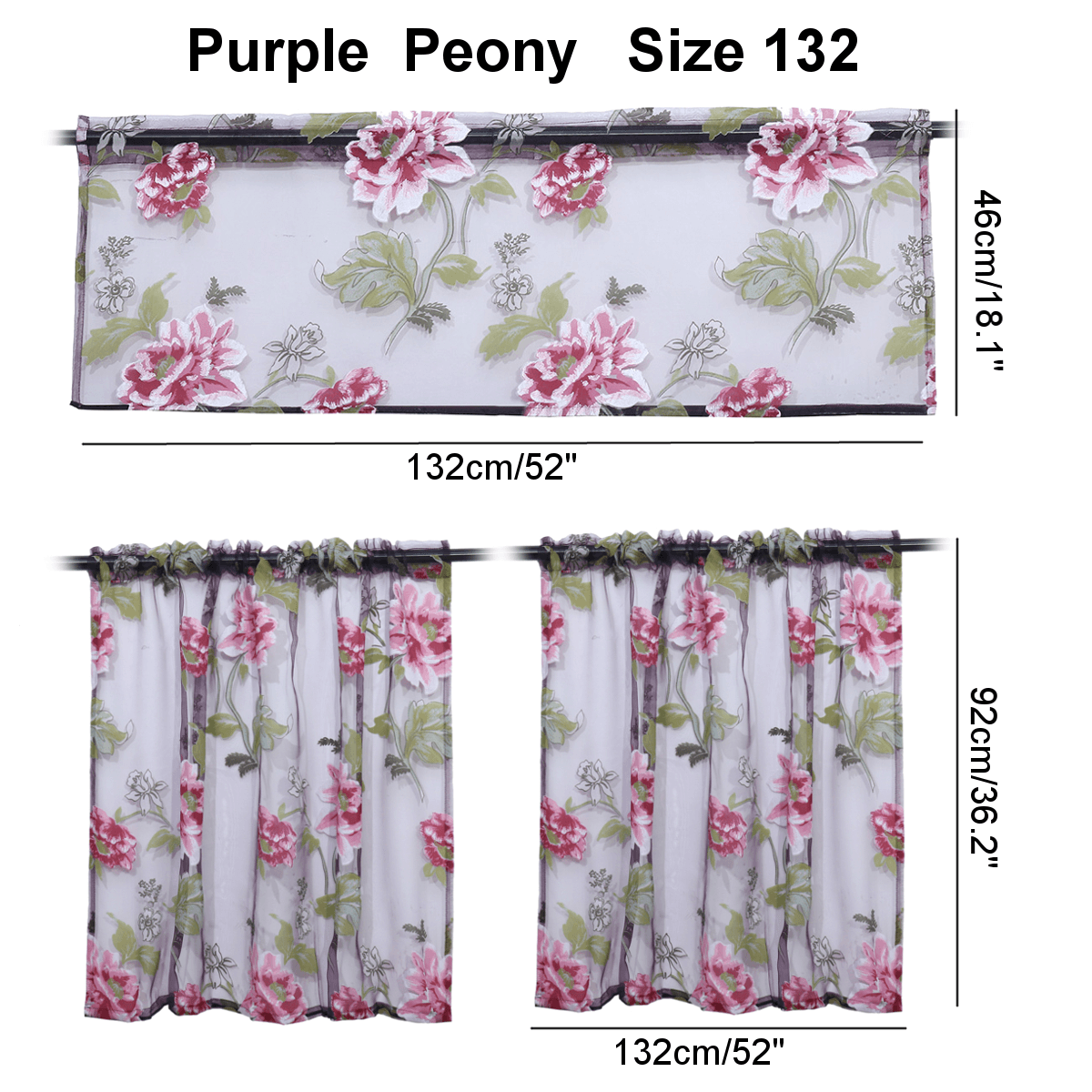 3 PCS Kitchen Curtain Washable Rod Pocket Curtain Tier Embroidered Floral Sheer Curtain