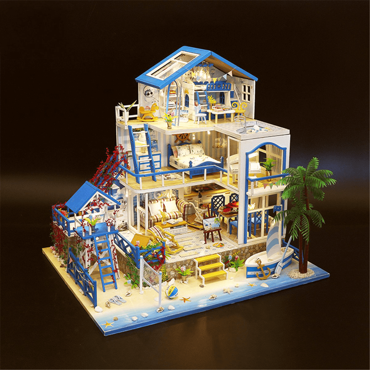 Wooden DIY Beach Villa Doll House Miniature Kit Handmade Assemble Toy with LED Light for Birthday Gift Collection Home Decor