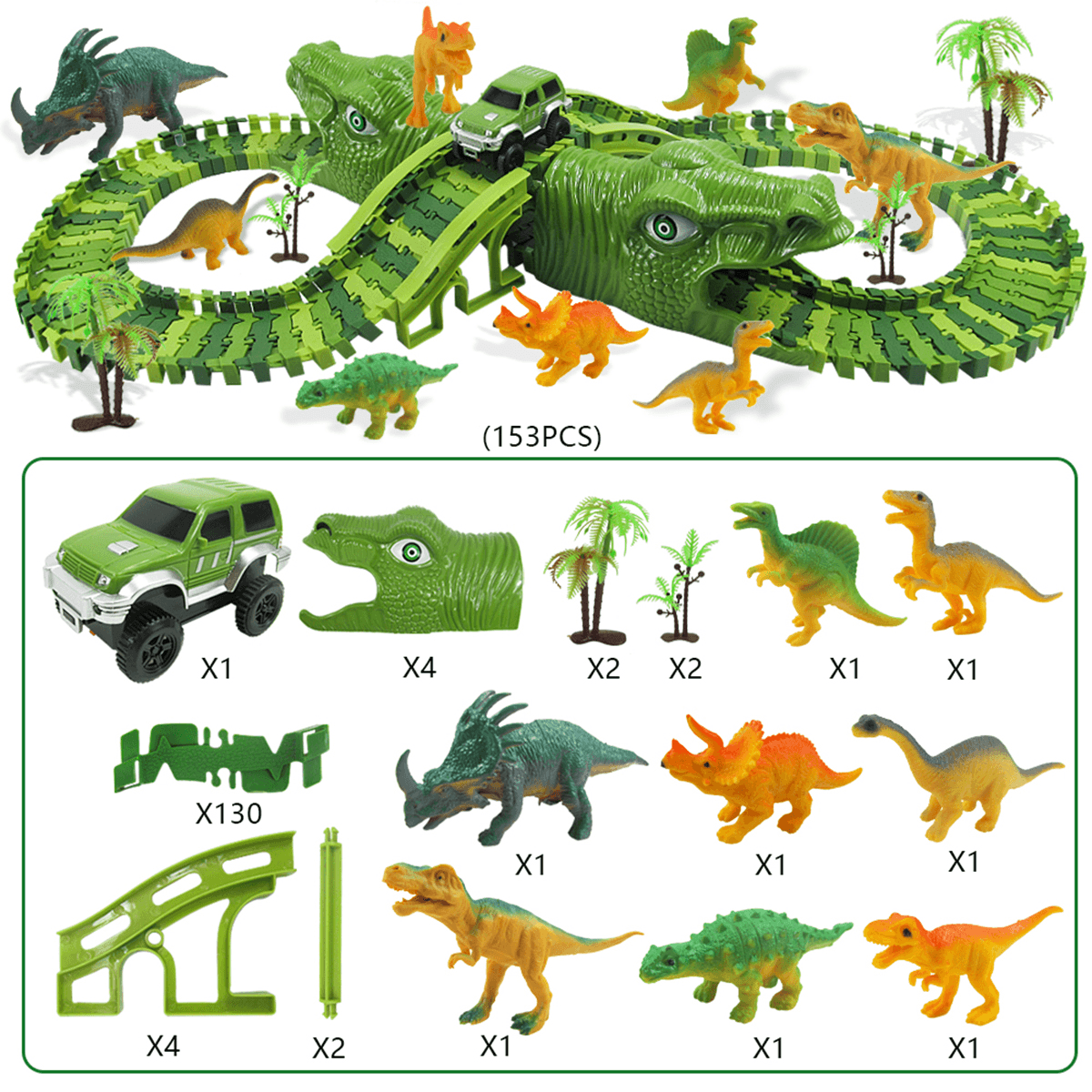 153Pcs Dinosaur Railway Car Track Racing Track Toys Set Bend Flexible Race Track Flash Light Car Educational Toys for Kids Gift