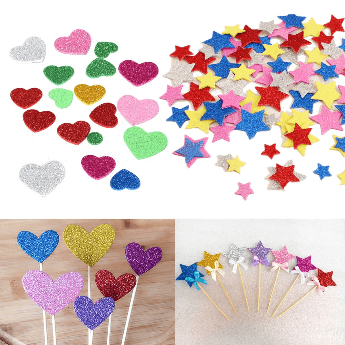 30Pcs Assorted Glitter Shapes Hearts Stars round Flowers Foam Stickers DIY Craft