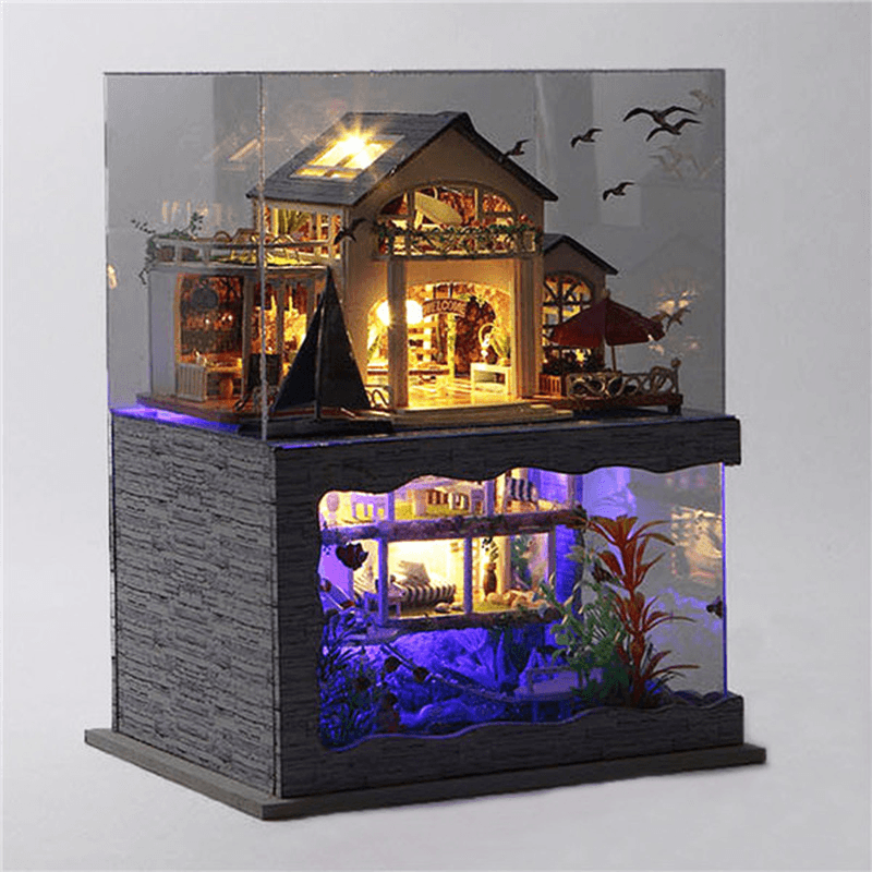 T-Yu Hawaii Villa DIY Dollhouse Miniature Model Doll House with Light Cover Extra Gift Decor Collection Toy