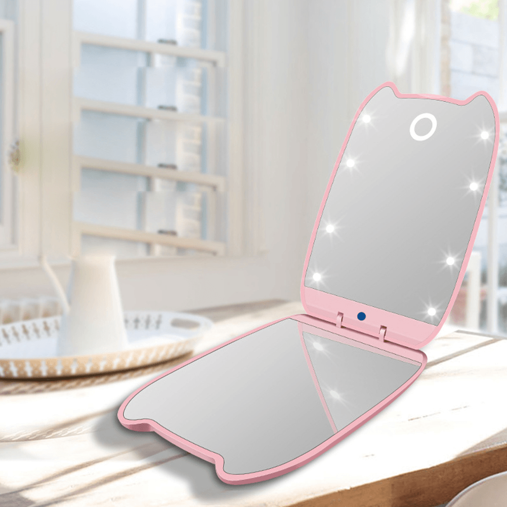 Women LED 180° Foldable Makeup Mirror Light Cosmetic Folding 2X Magnifying Mirror + Flat Mirror 8 LED Lights 2 Sided Lamps Hand Mirror Tools