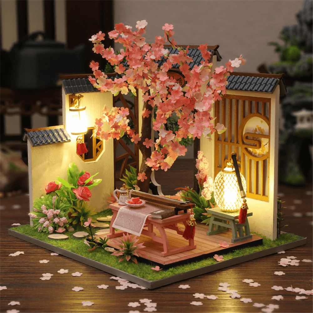 Creative DIY Chinese Style Retro Architectural Model Wooden Doll House Miniature Landscape Home Creative Gifts with Dust Cover and Furniture