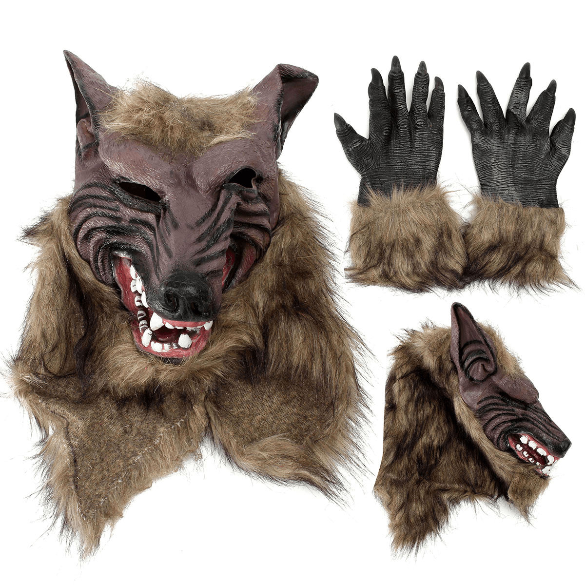 1/2PC Latex Rubber Wolf Head Hair Mask Werewolf Gloves Party Scary Halloween Cosplay