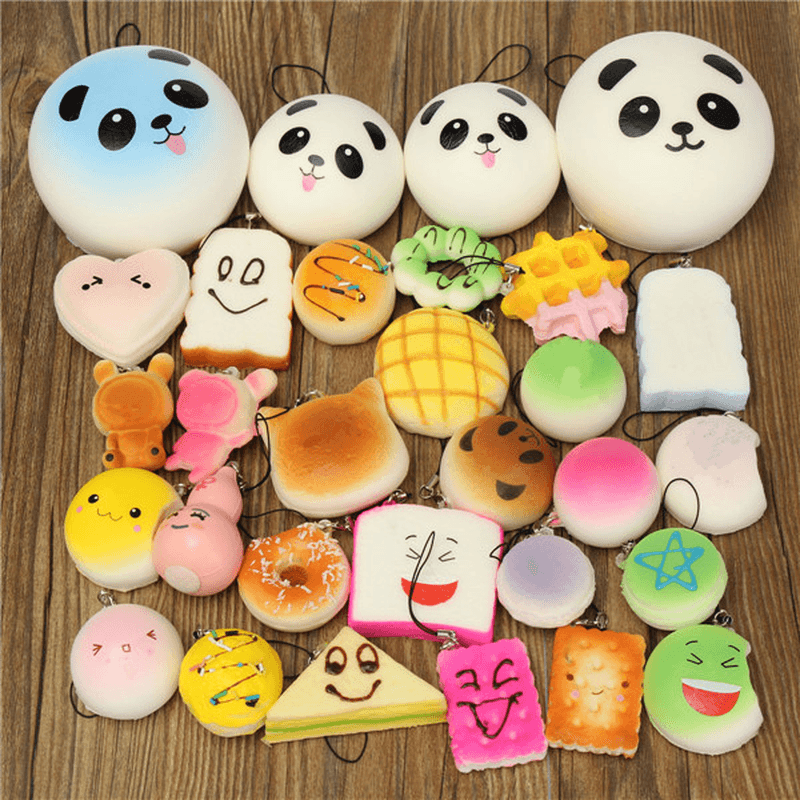 18PCS Squishy Christmas Gift Decor Panda Cup Cake Toasts Buns Donuts Random Soft Cell Phone Straps