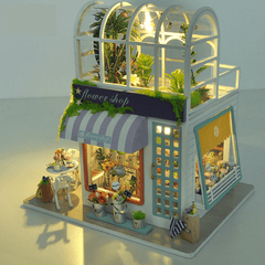 Flower Shop DIY Handmade Assemble Doll House Kit Miniature Furniture Kit with LED Lights for for Gift Collection House Decoration