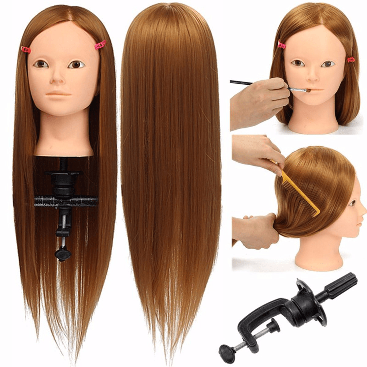 24'' Hairdressing Human Hair Practice Makeup Training Mannequin Head with Clamp