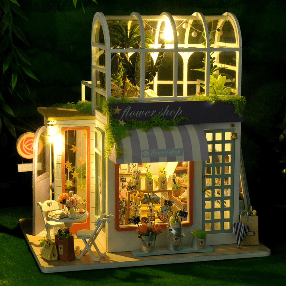 Flower Shop DIY Handmade Assemble Doll House Kit Miniature Furniture Kit with LED Lights for for Gift Collection House Decoration