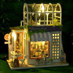 Flower Shop DIY Handmade Assemble Doll House Kit Miniature Furniture Kit with LED Lights for for Gift Collection House Decoration