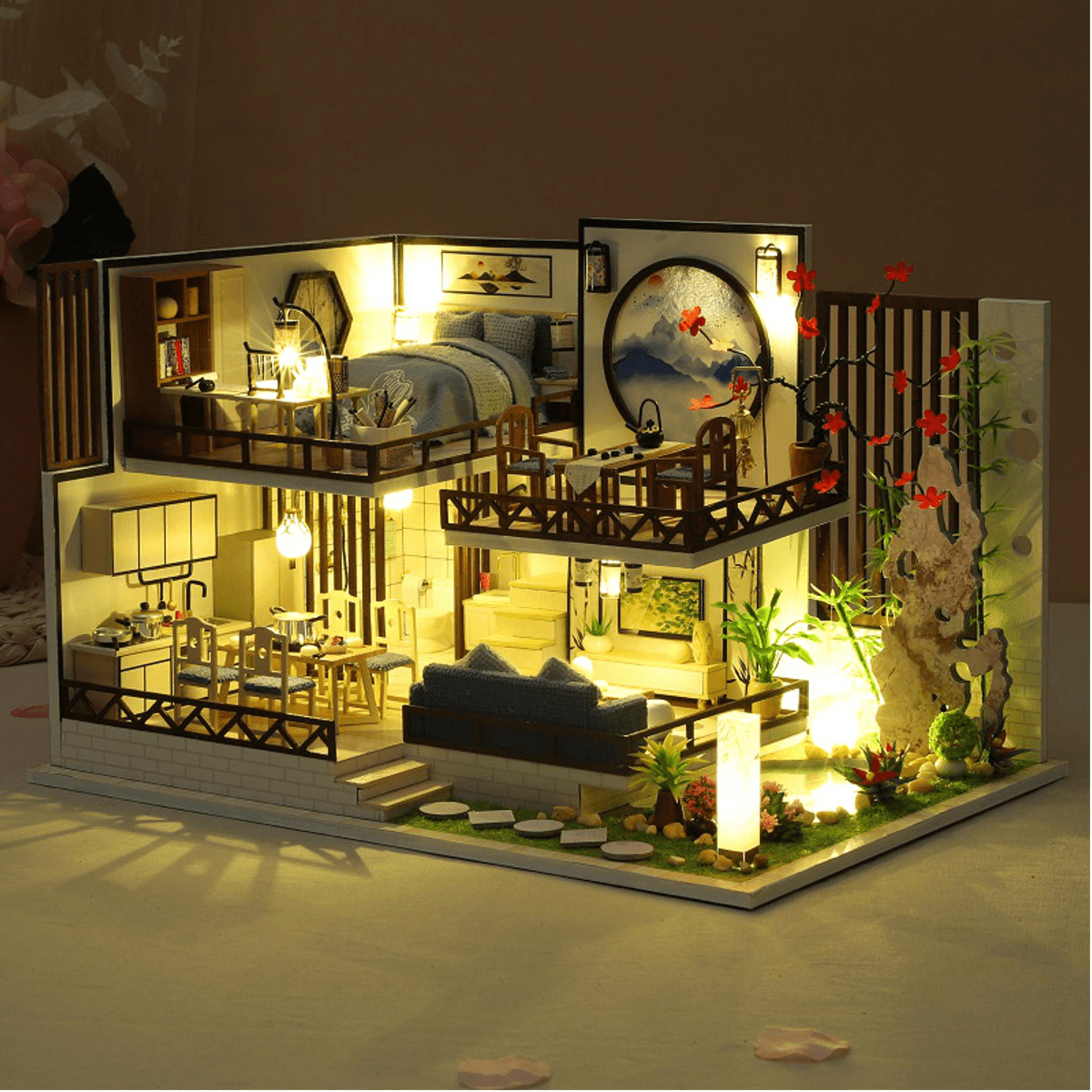 M-029 Chinese Style Wooden DIY Handmade Assemble Doll House Miniature Furniture Kit with LED Effect Toy for Kids Birthday Xmas Gift House Decoration