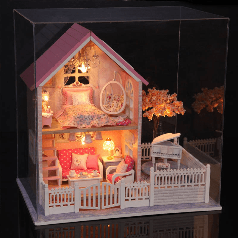 Cuteroom DIY Transparent Display Box Dust-Proof Cover Dollhouse Pink Cherry