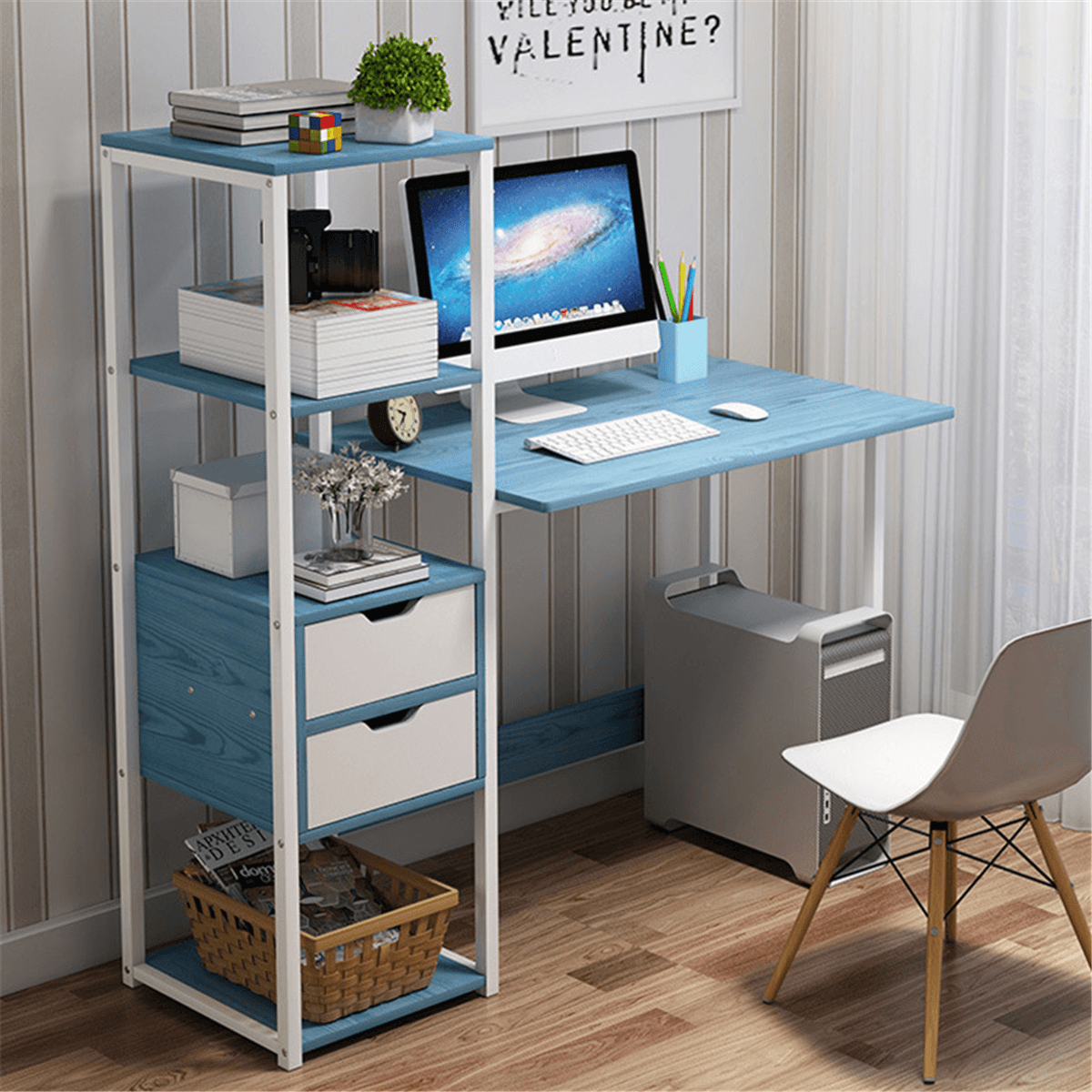 Computer Laptop Desk 47 Inch Writing Study Table Bookshelf Desktop Multifunction Desktop Workstation with Storage Racks & 2 Drawers Home Office Furniture