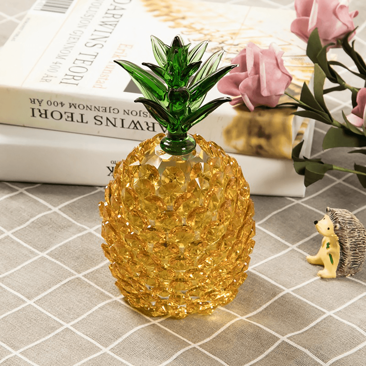 Estatuilla de piña de cristal, artesanía a mano, adorno de pisapapeles dorado, decoraciones de regalo