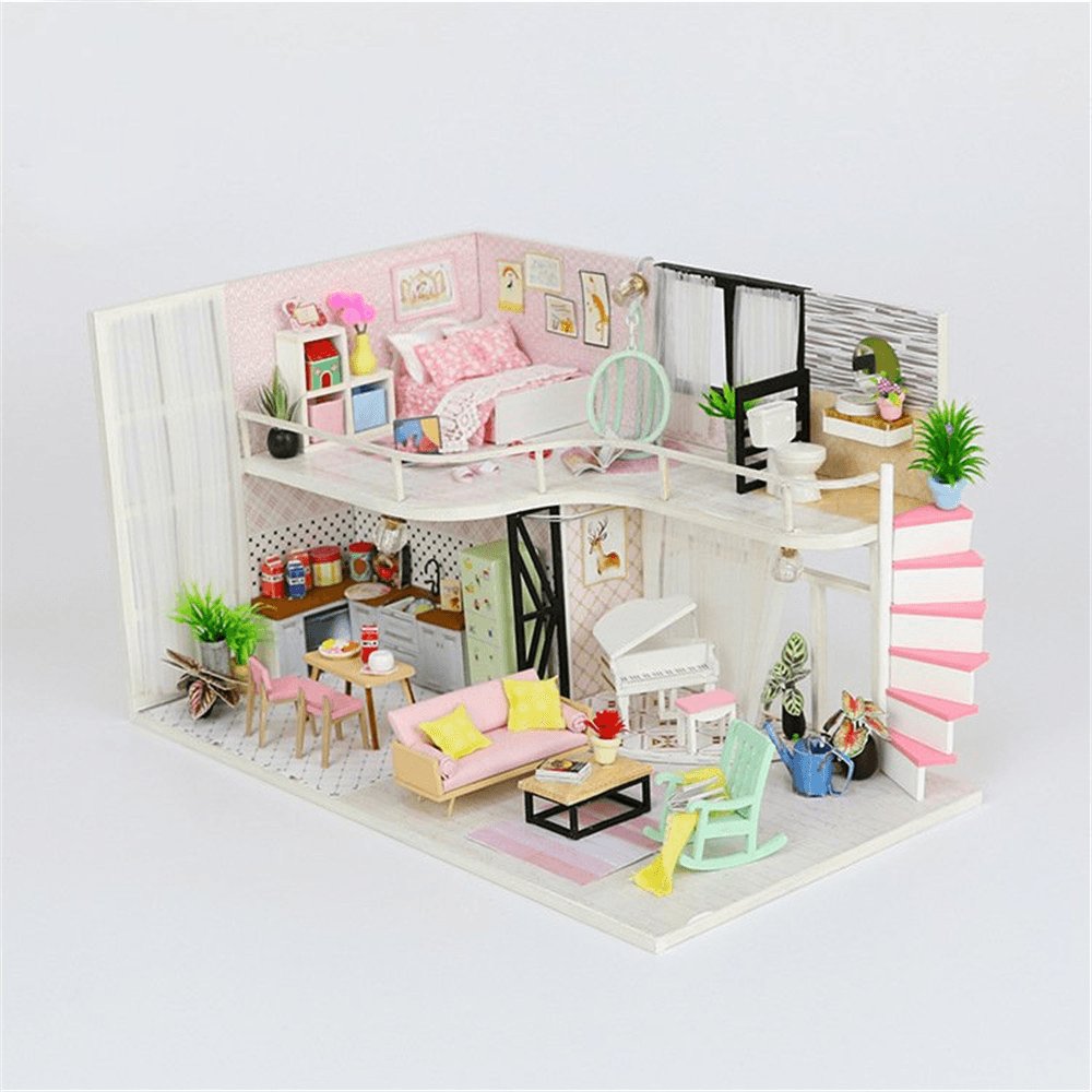 Hoomeda Handmake DIY Wood Dollhouse Miniature Doll House with Dust Cover