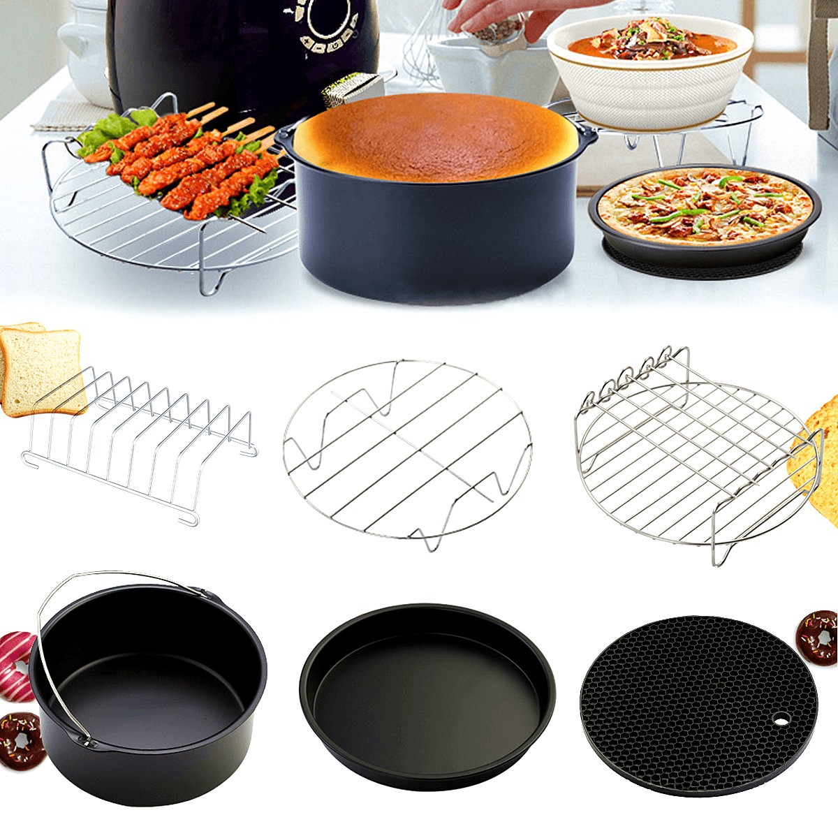 7" 6Pcs Set Healthy Air Fryer Accessories Cake Pizza Barbecue Rack Pot Holder Baking Cooling Rack