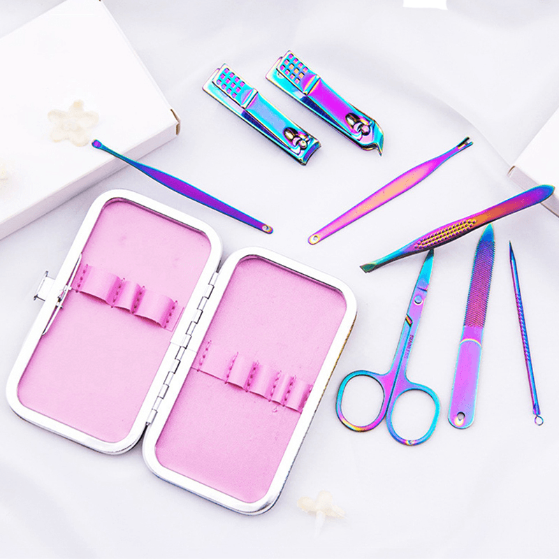 8Pcs Rainbow Stainless Steel Nail Clippers Set Professional Scissors Suit with Box Trimmer Grooming Manicure Cutter Kits