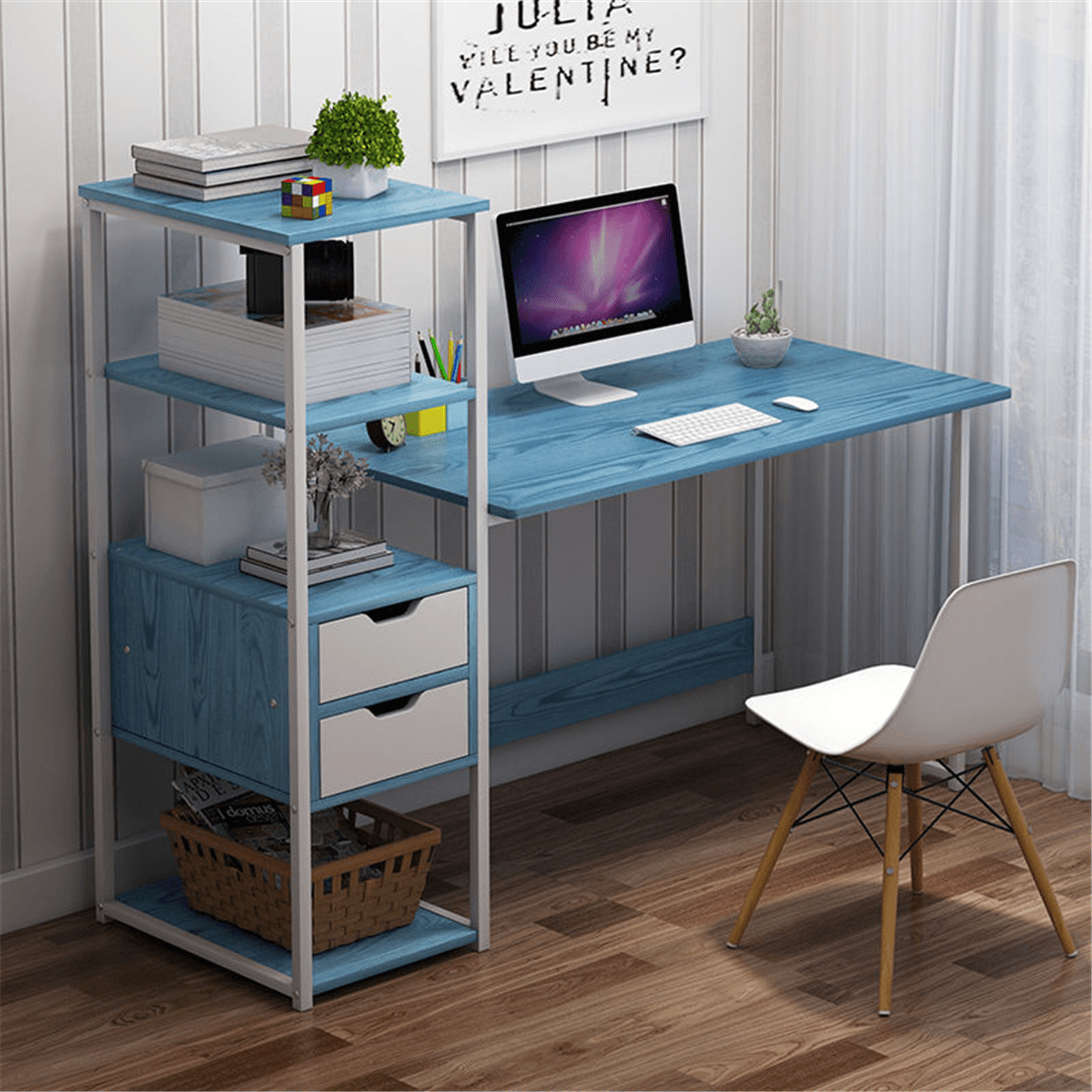 Computer Laptop Desk 47 Inch Writing Study Table Bookshelf Desktop Multifunction Desktop Workstation with Storage Racks & 2 Drawers Home Office Furniture