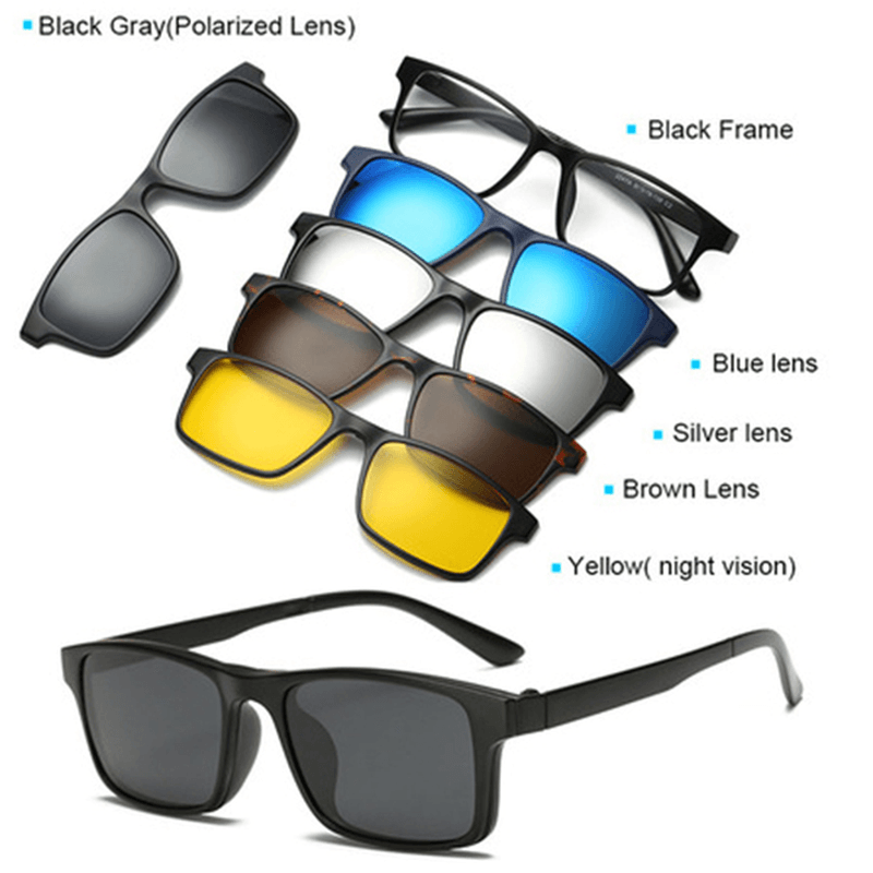 5 in 1 TR-90 Polarized Magnetic Glasses Clip on Magnetic Lens Sunglasses Uv-Proof Night Vision with Leather Bag