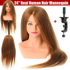 24" 100% Real Human Hair Mannequin Head Hairdressing Training Head Hair Extensions