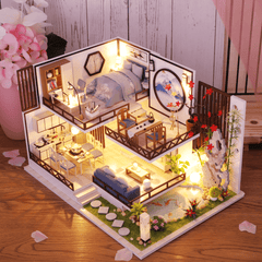 M-029 Chinese Style Wooden DIY Handmade Assemble Doll House Miniature Furniture Kit with LED Effect Toy for Kids Birthday Xmas Gift House Decoration