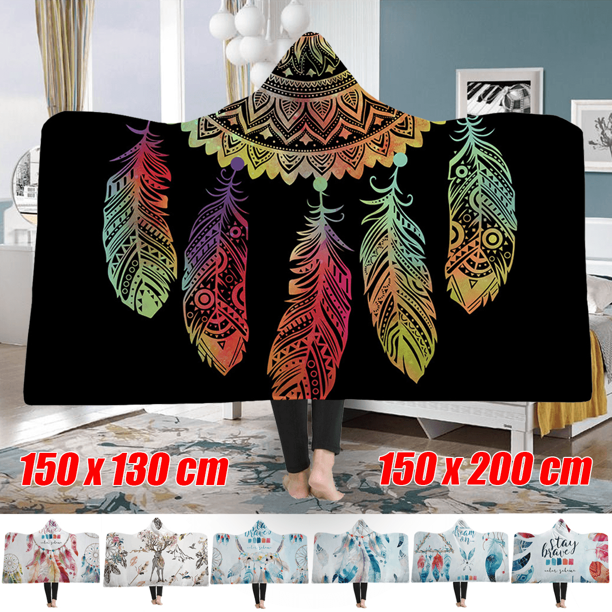 150X200Cm Bejirog Hooded Blanket Adults Child Warm Blankets Wearable Plush Wrap Mat Thick Nap Soft