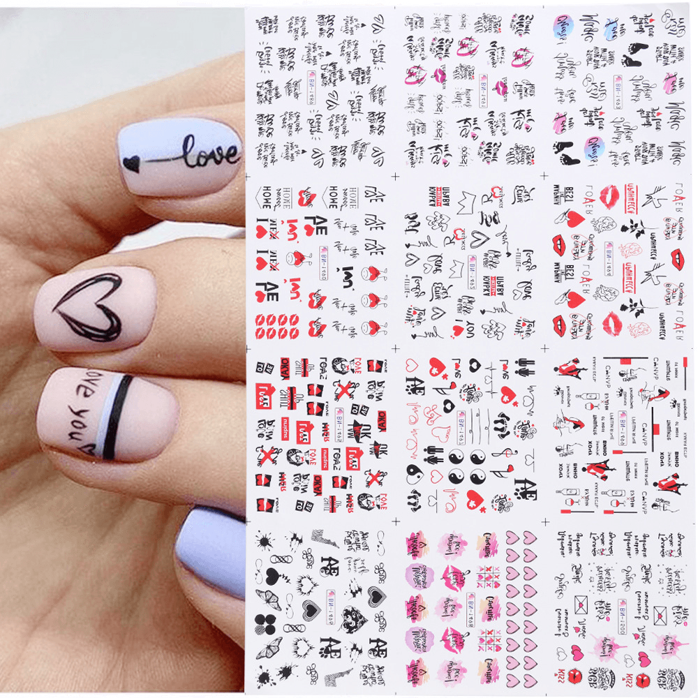 12 Pcs Nail Art Stickers Love Letter Flower Sliders Nail Art Decoration Valentine'S Day Transfer Stickers