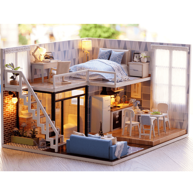 Cuteroom L-023 Blue Time DIY House con muebles Music Light Cover Miniatura Modelo Regalo Decoración