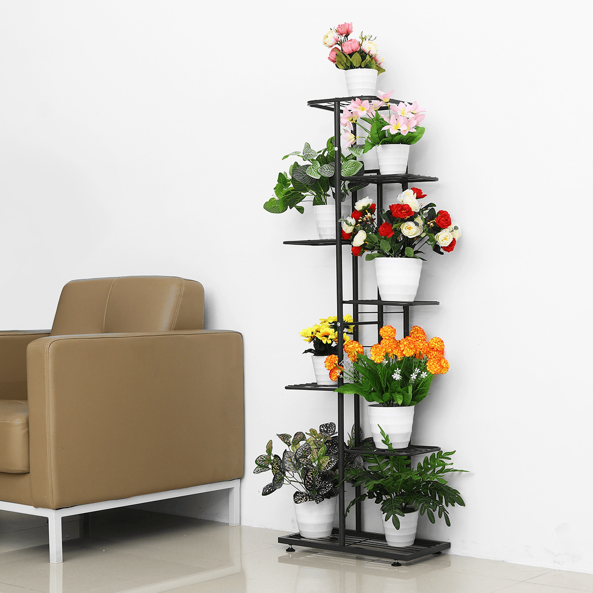 7-Tierblack/White Metal Plant Stand Outdoor Indoor Flower Pot Display Rack Ladder Shelf for Garden