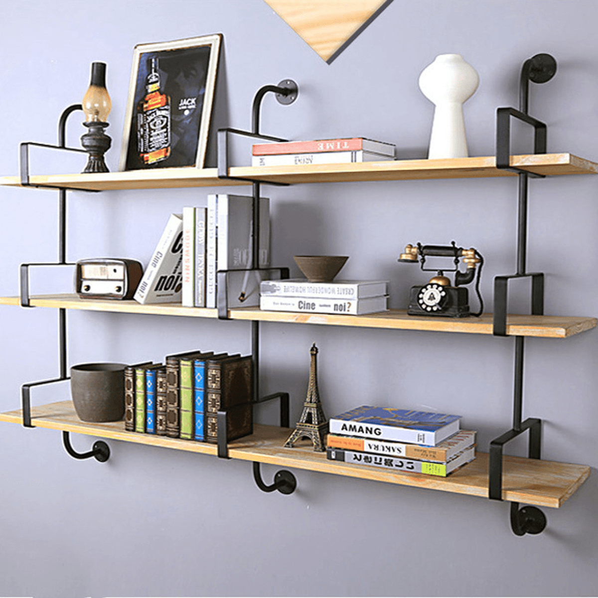 2Pcs Wall Mounted Shelf Industrial Retro Bookshelf DIY Storage Shelves Bracket 3 Layers Iron Pipe Shelf for Home Decor Kitchen Kids Rooms