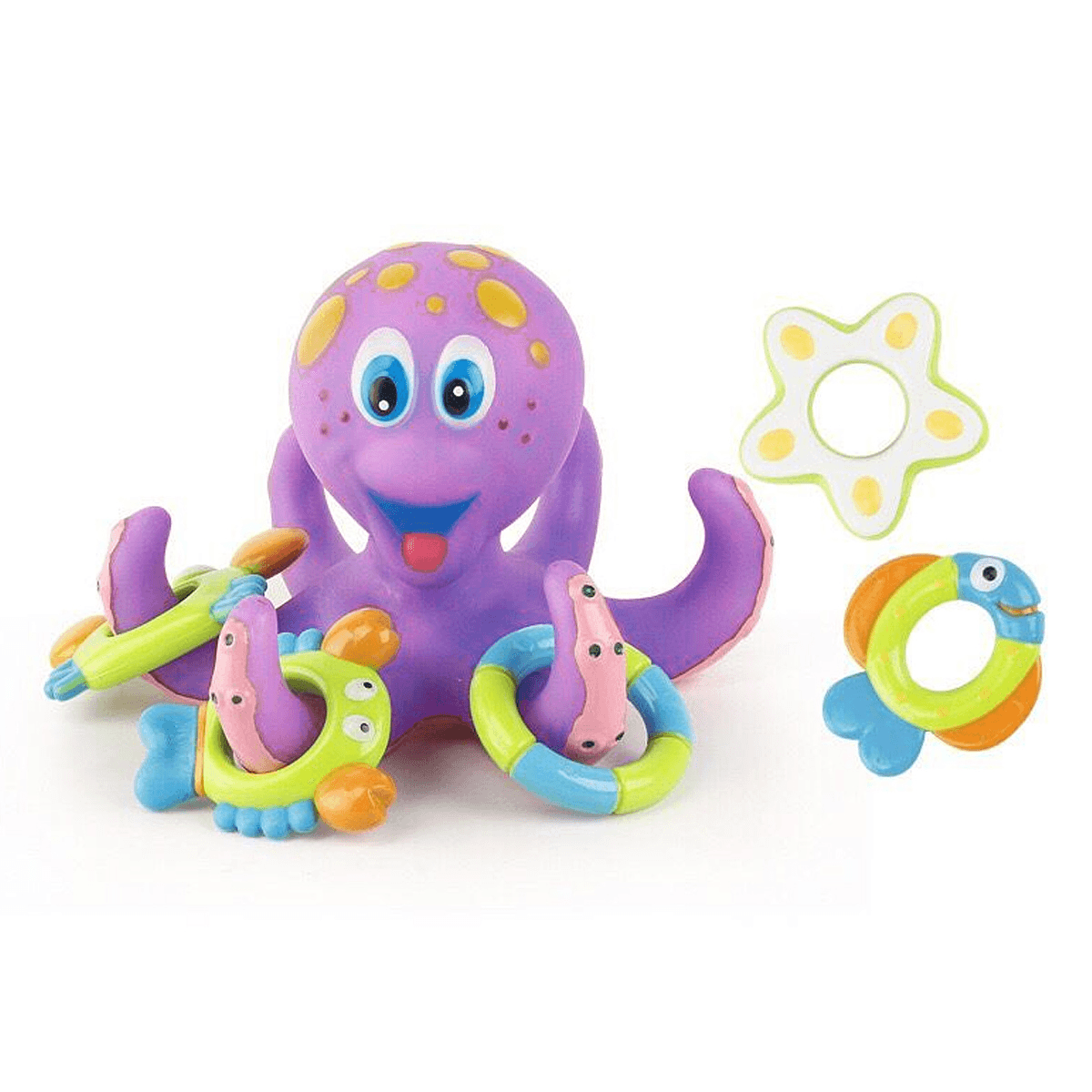 Octopus Floating Soft Rubber ABS Baby Bath Toys with 5 Marine Animal Rings Cast Circle for Kids Gift