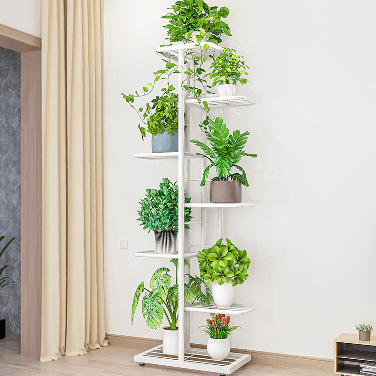 7-Tierblack/White Metal Plant Stand Outdoor Indoor Flower Pot Display Rack Ladder Shelf for Garden